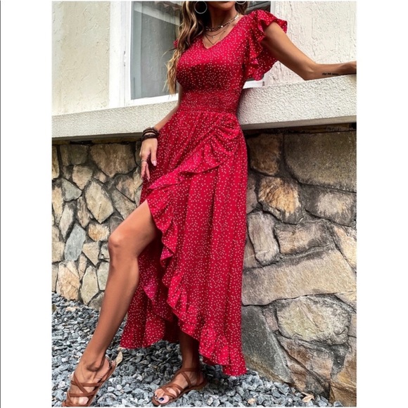 Boho Plus Size Polka Dots Butterfly Sleeve Maxi Dress - Picture 3 of 7